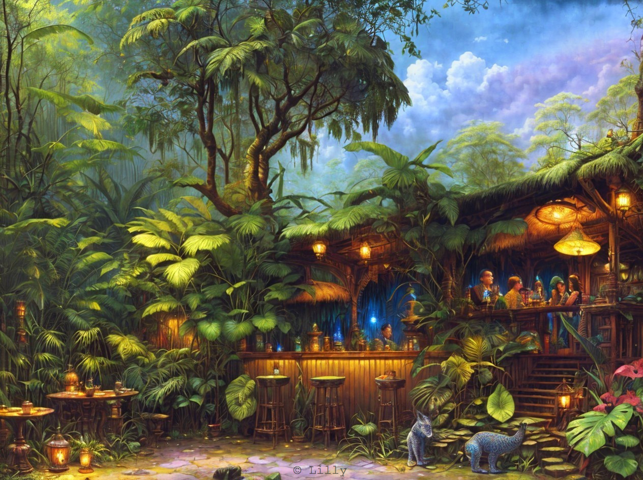 Cozy Jungle Bar Surrounded by Lush Greenery and Cats