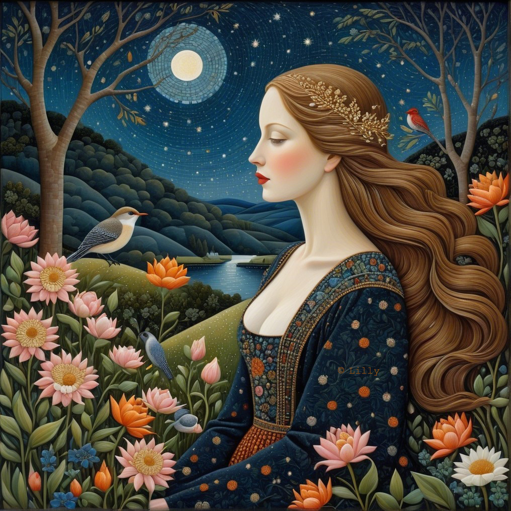 Serene woman with floral crown in vibrant landscape