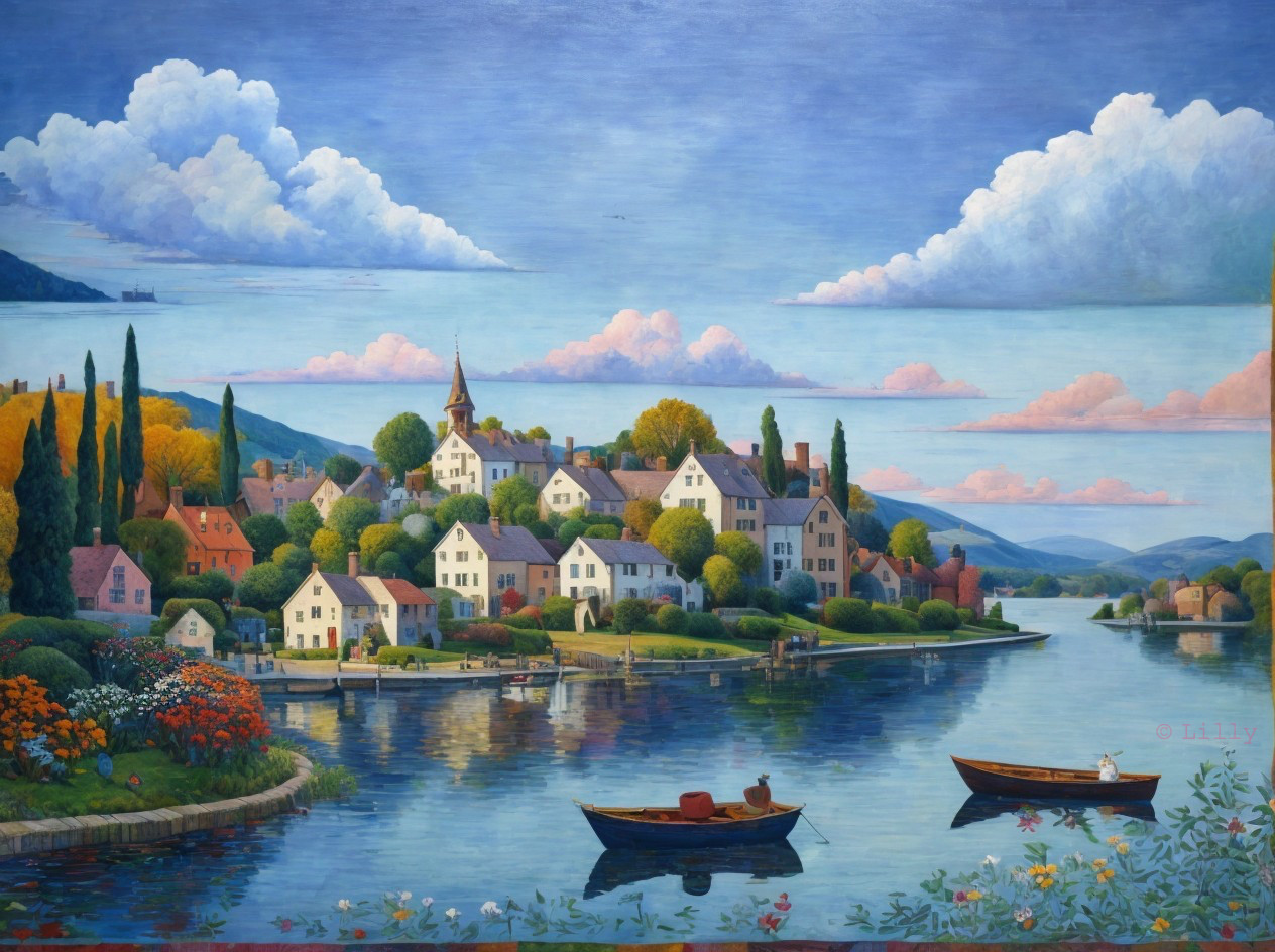 Serene riverside village landscape with colorful houses