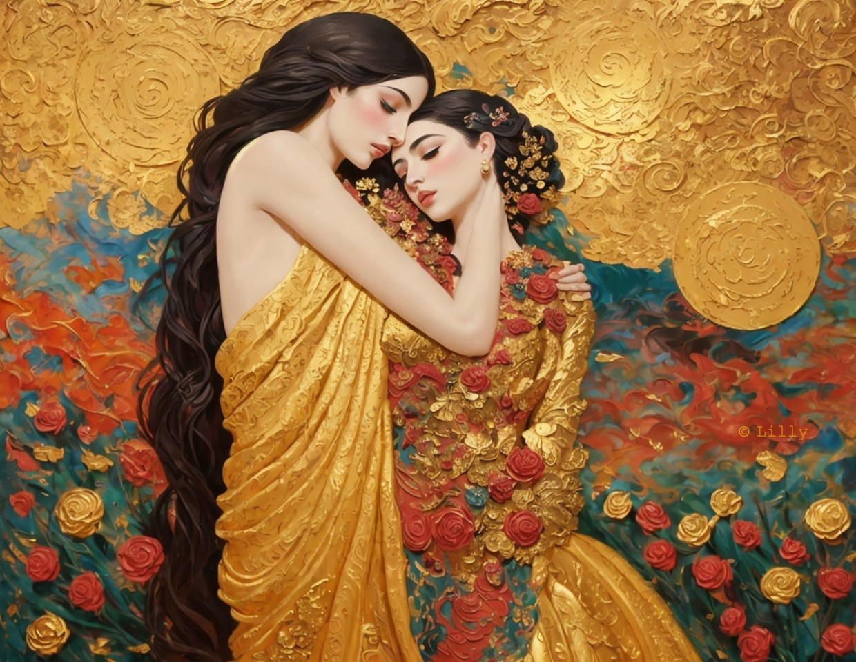 Two Women Embracing in Golden Fabric with Roses