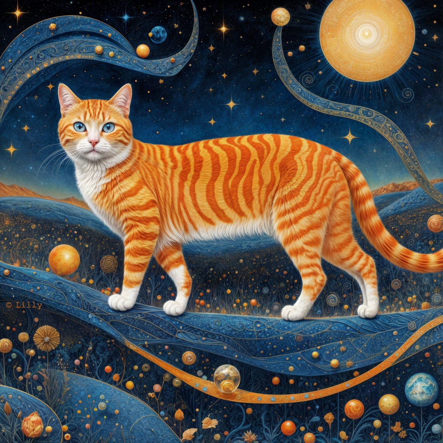 Orange Tabby Cat in a Celestial Landscape Scene