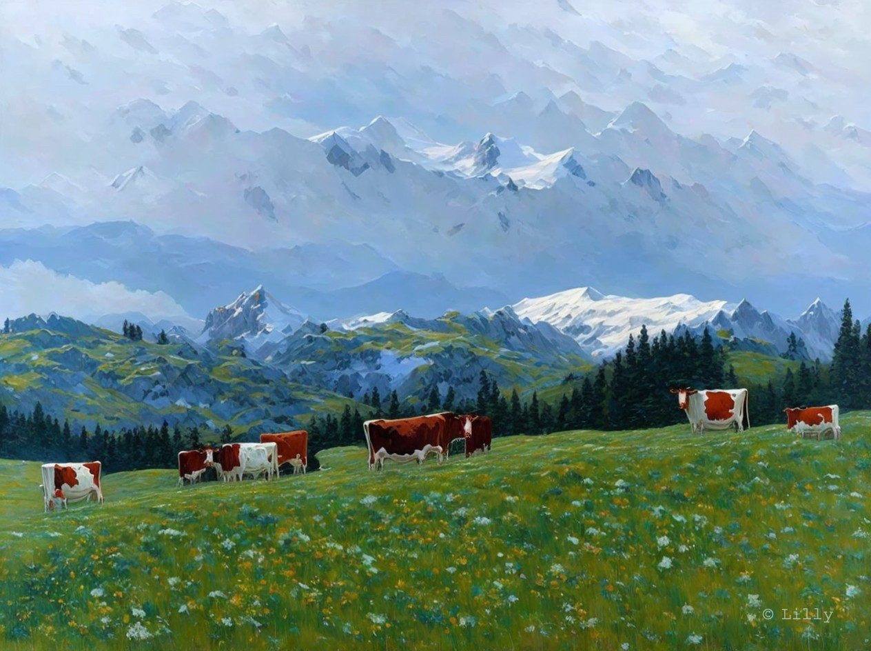 Serene Landscape with Cows and Snow-Capped Mountains