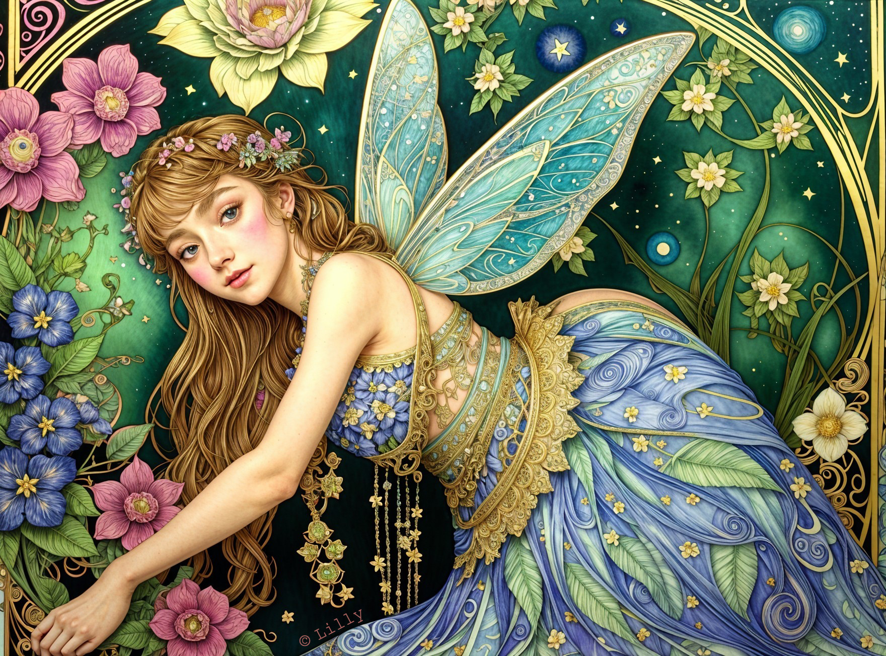 Ethereal fairy with floral wings in vibrant setting