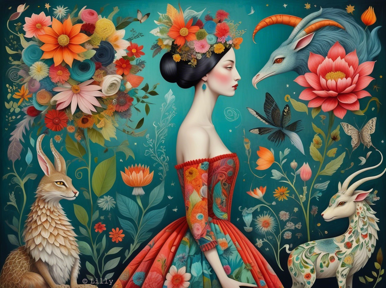 Regal Woman in Floral Gown Surrounded by Nature Elements