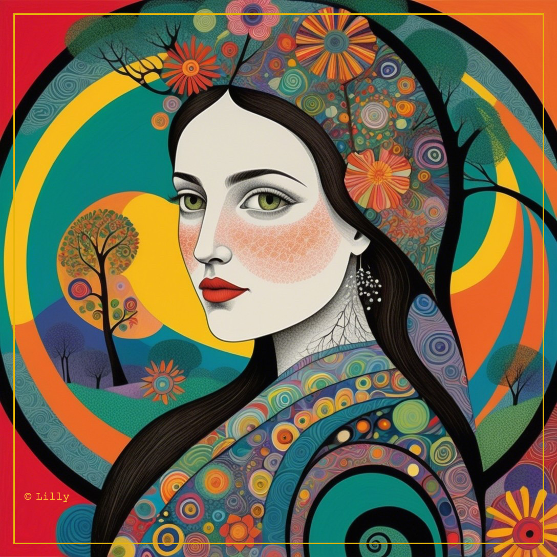 Stylized Woman with Green Eyes in Colorful Landscape