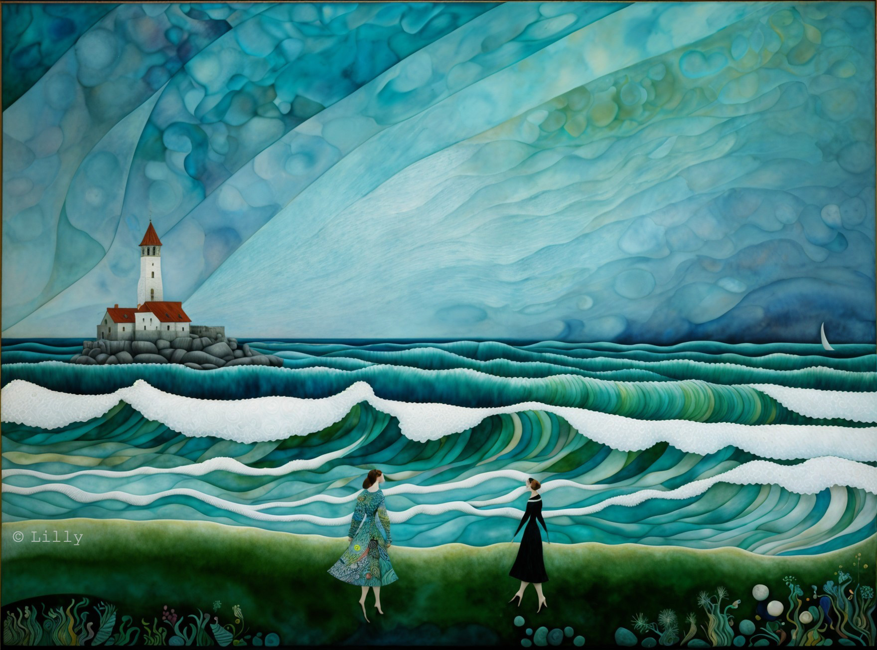 Coastal Scene with Figures, Lighthouse, and Waves