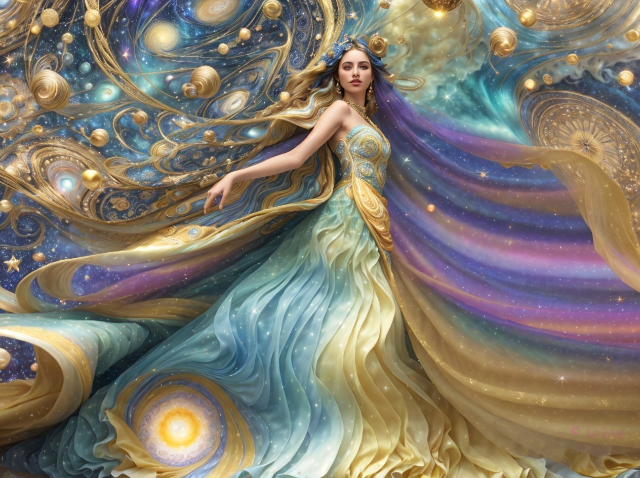 Celestial Figure in Vibrant Cosmic Gown and Background
