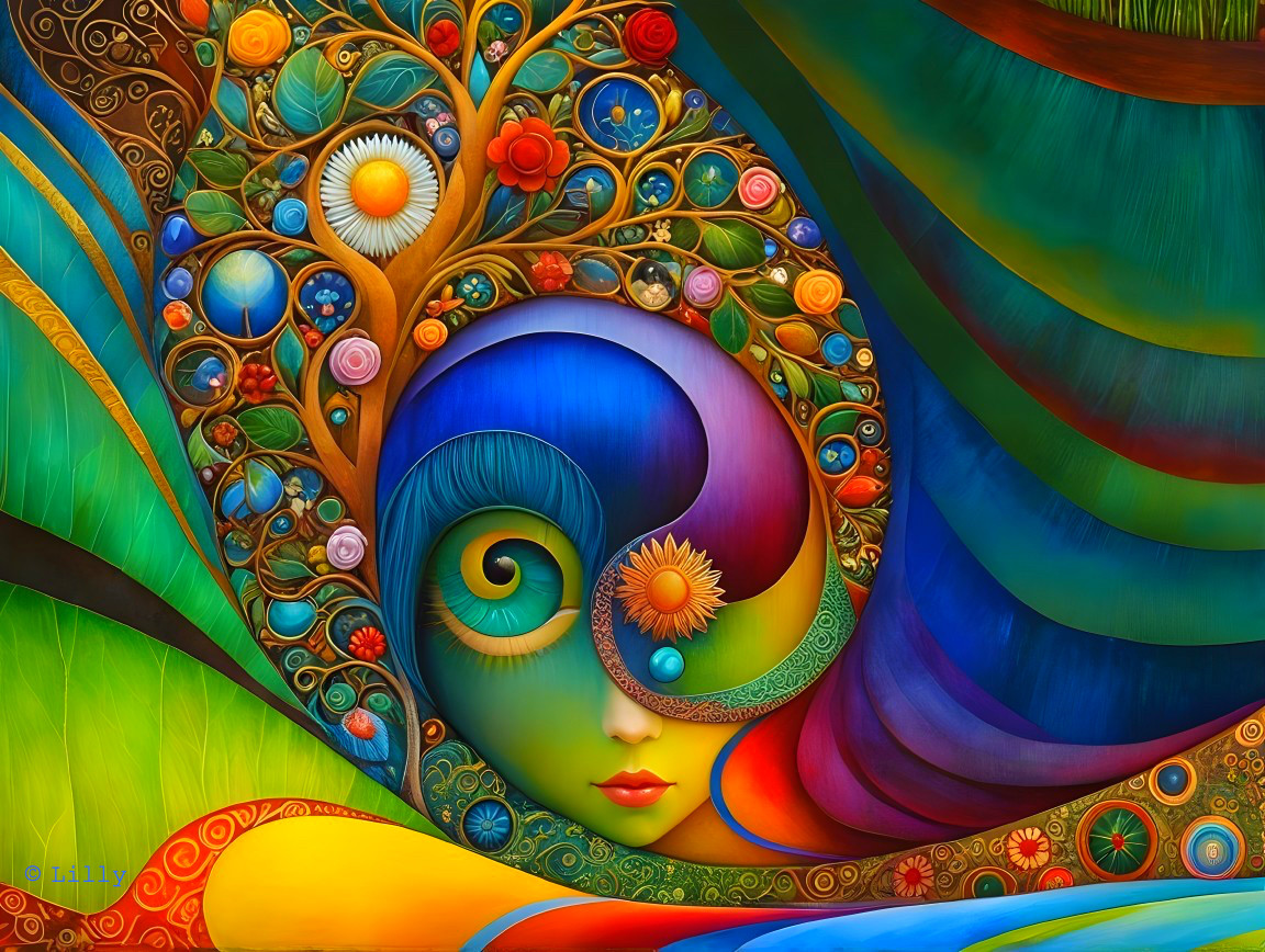 Abstract Illustration of Woman's Face and Tree of Life