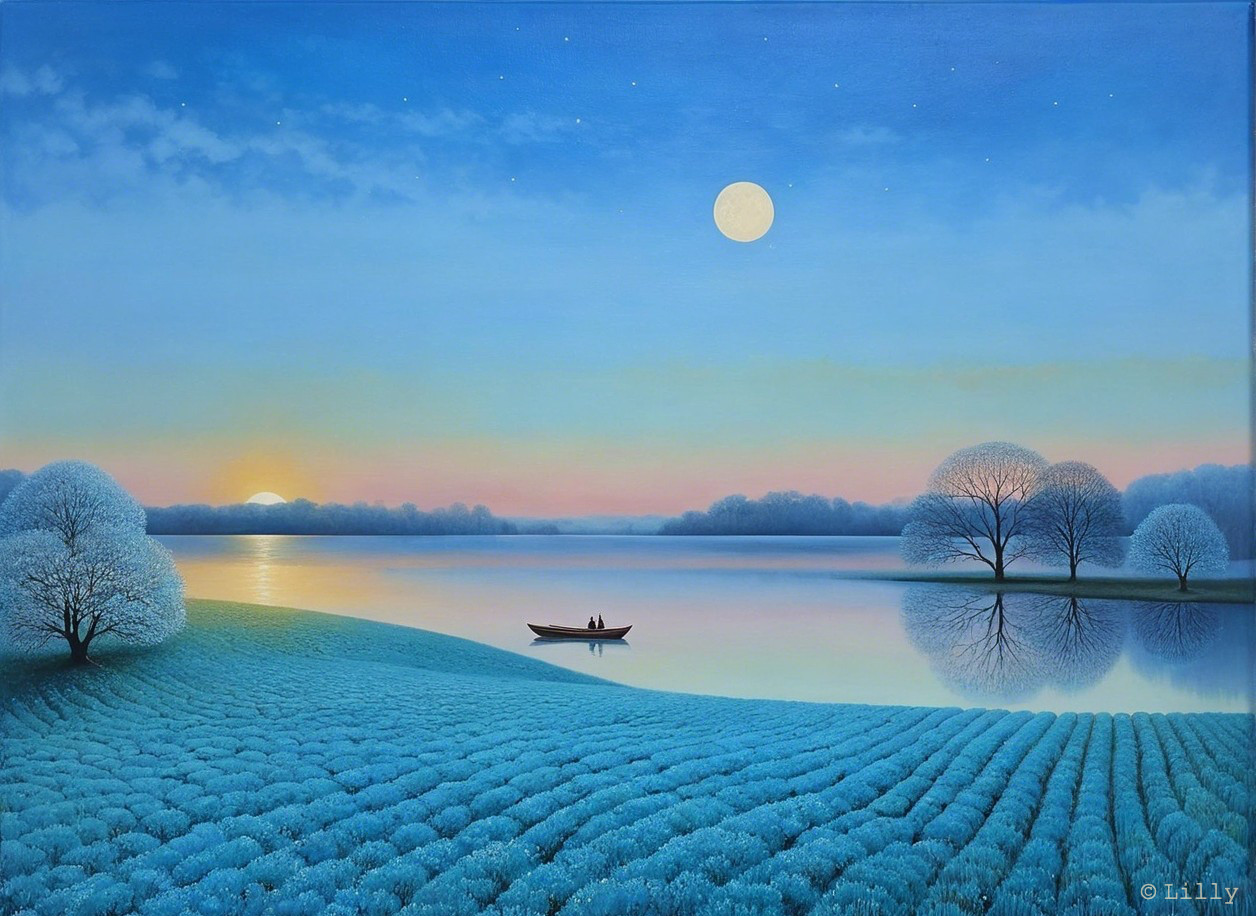 Tranquil Lake Scene with Twilight Sky and Moonlight