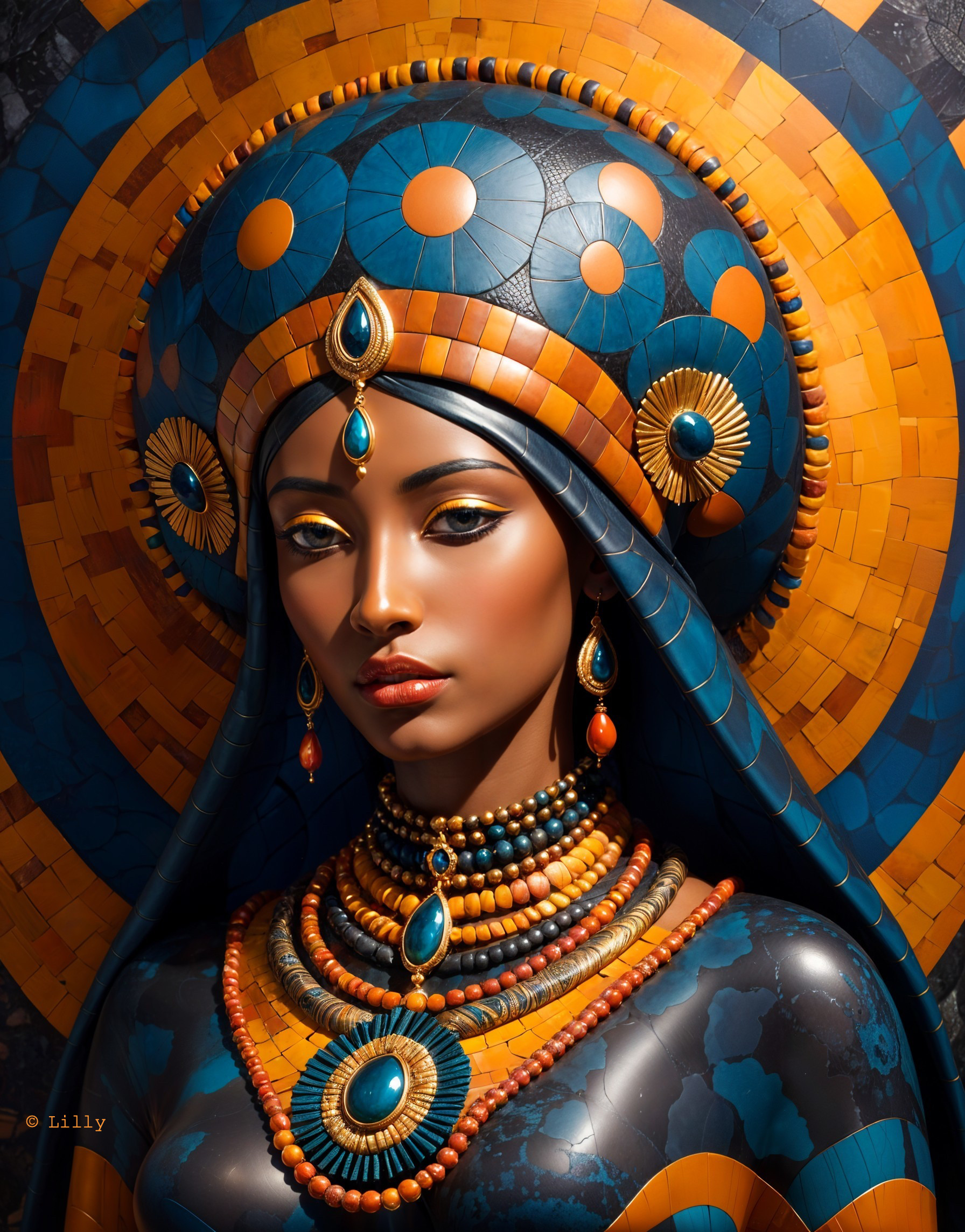 Vibrant Figure in Intricate Outfit and Headpiece Design