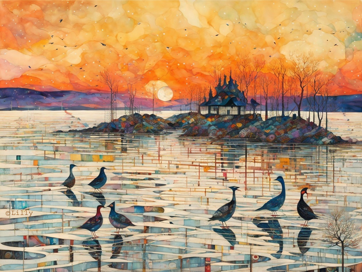 Tranquil Lake and Sunset Landscape with Silhouetted Birds