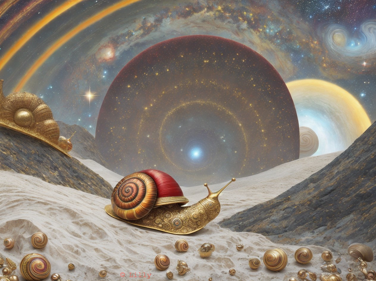 Surreal Landscape of Golden-Shelled Snails and Cosmos