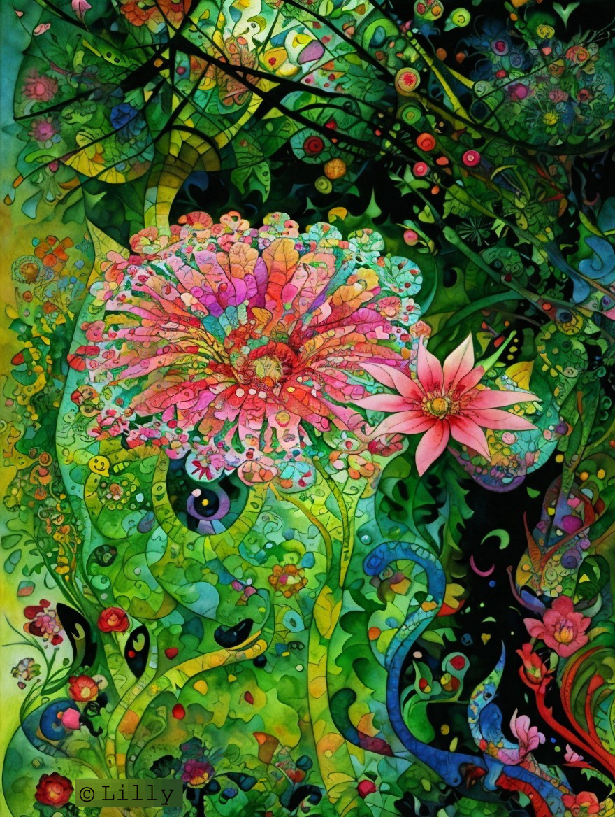 Colorful Floral Illustration in a Dreamlike Garden Setting