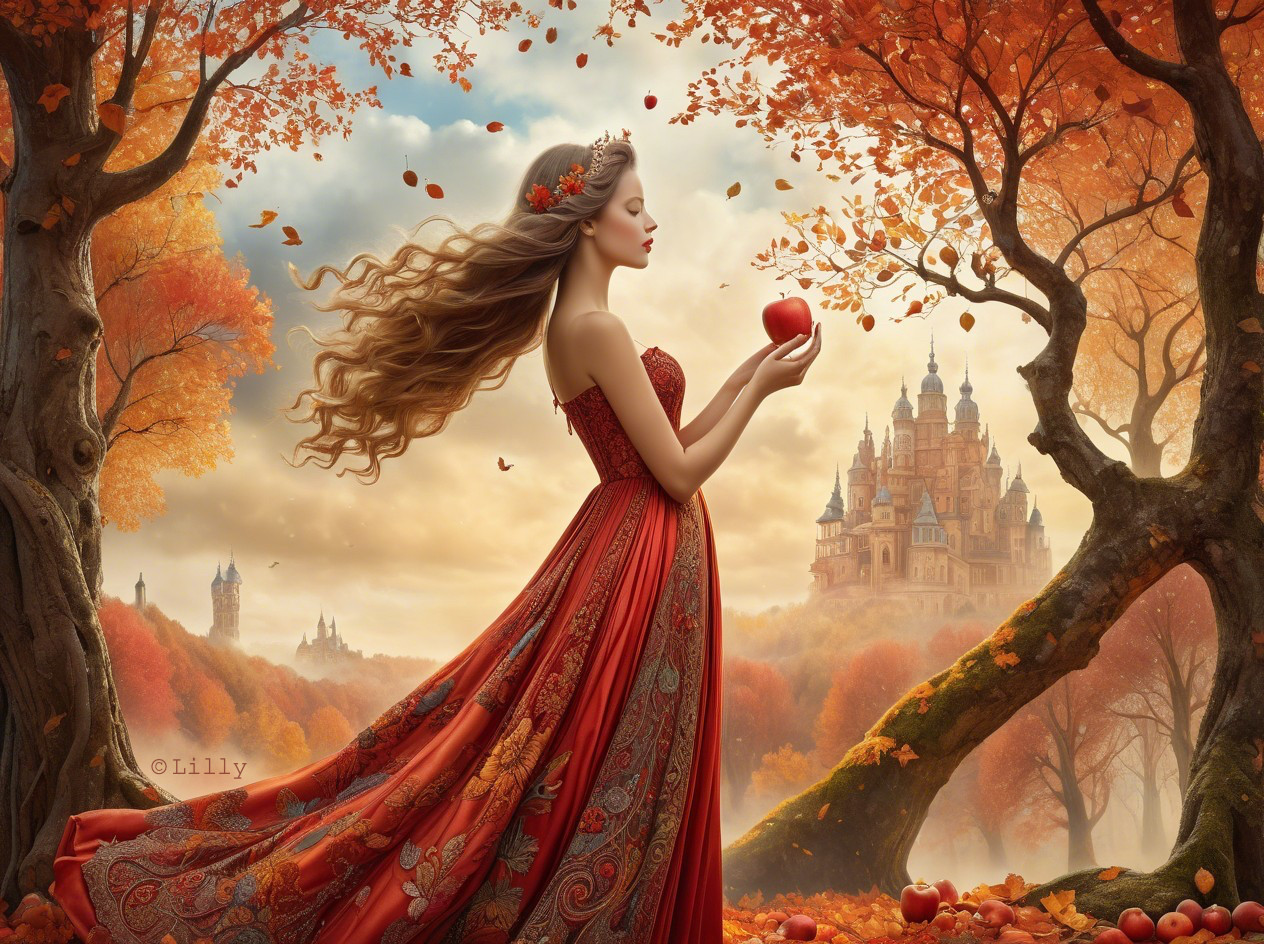 Young Woman in Red Gown Among Autumn Trees and Castle