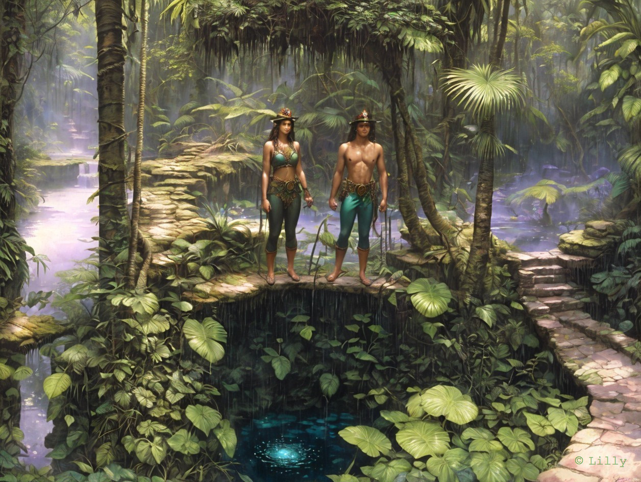 Couple on Stone Bridge in Lush Jungle Setting