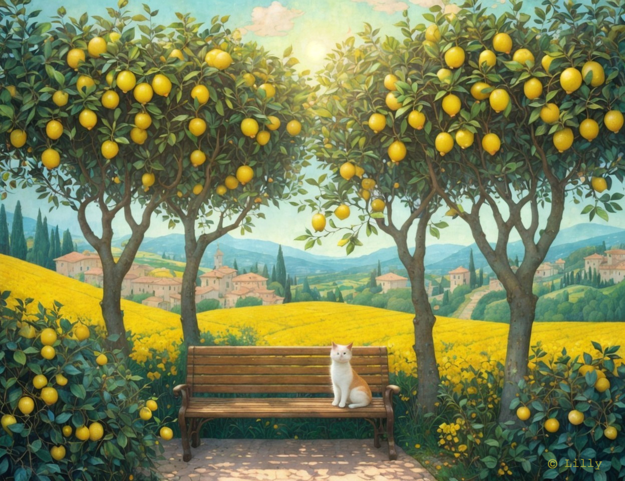 Tranquil countryside scene with lemon trees and cat