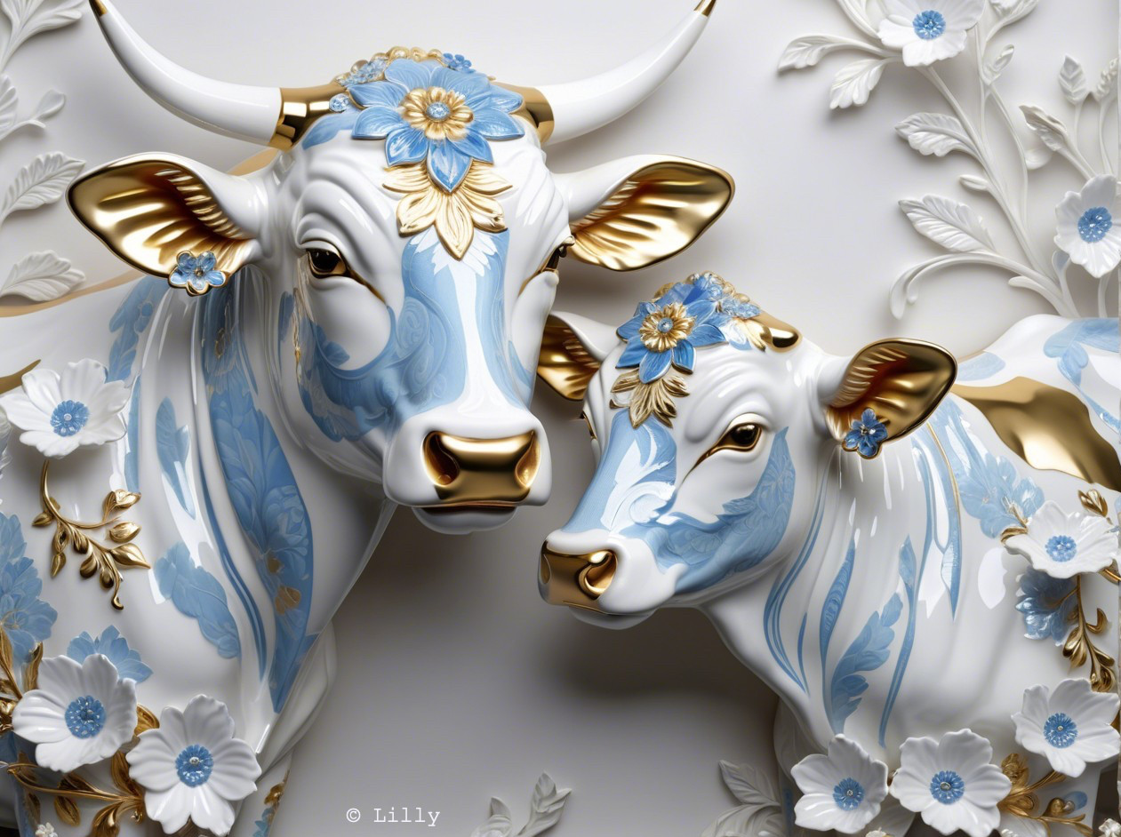Elegantly Designed Cows with Floral Patterns and Accents