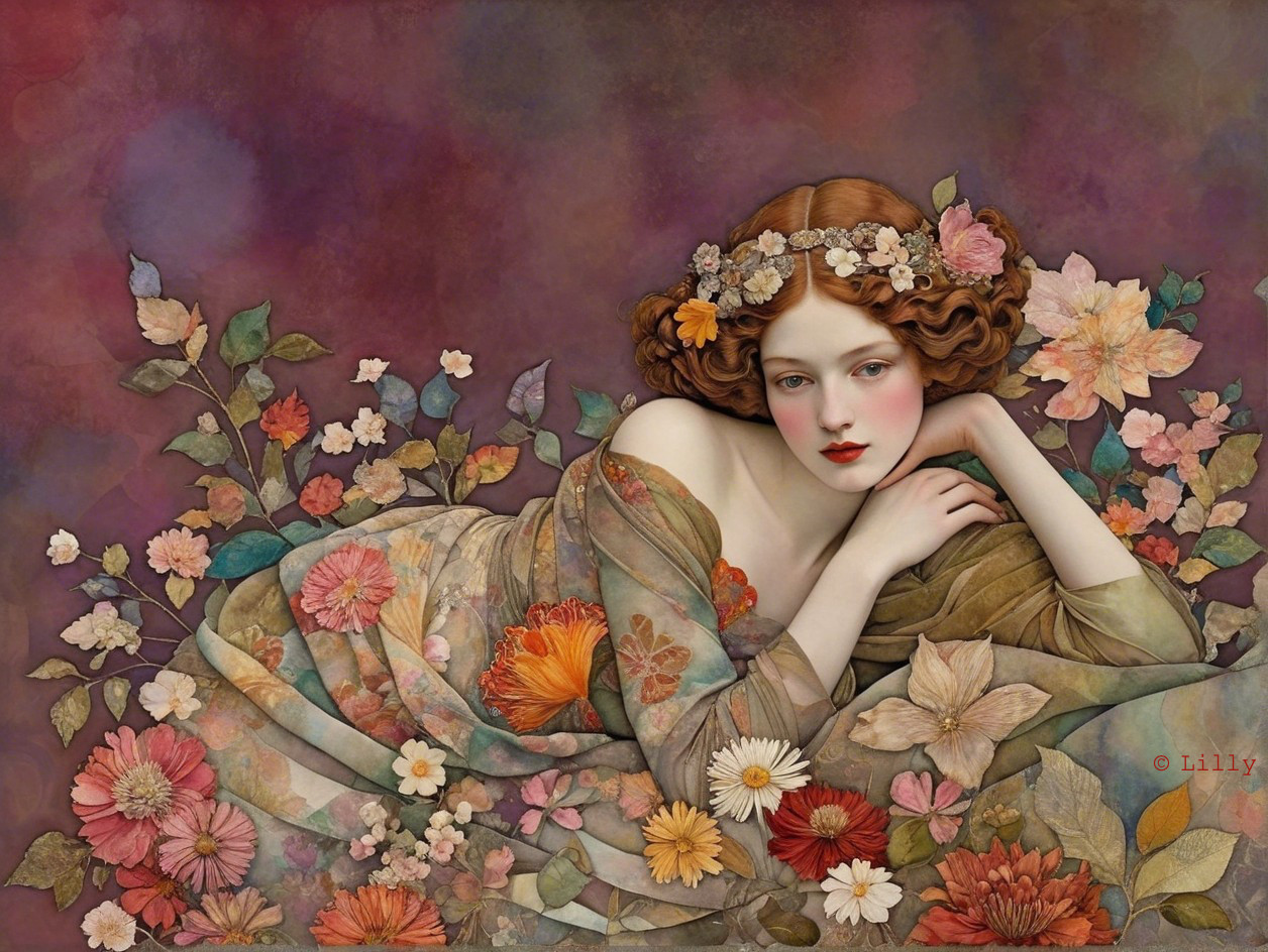 Ethereal woman among blooming flowers in soft colors