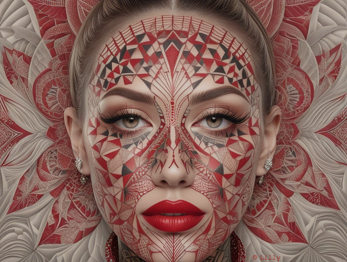 Woman with Geometric Patterns and Floral Background