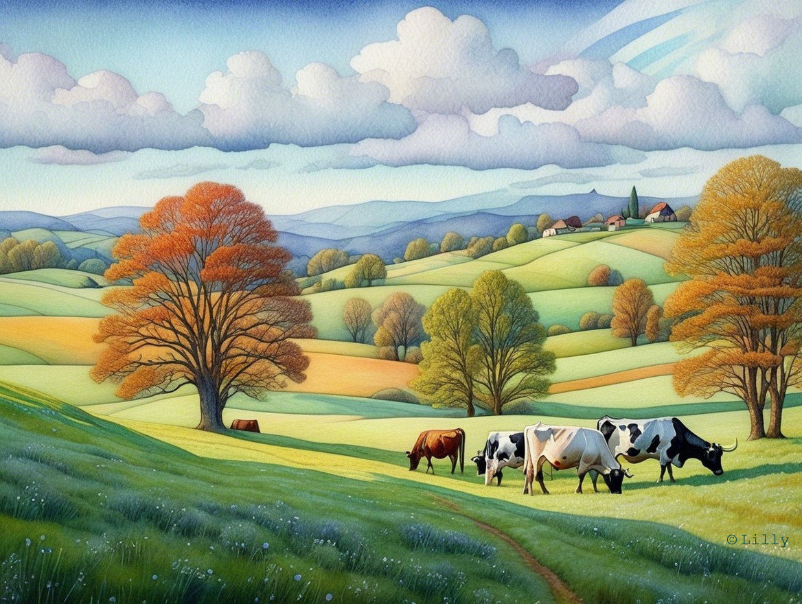 Serene Countryside Landscape with Rolling Hills and Cows