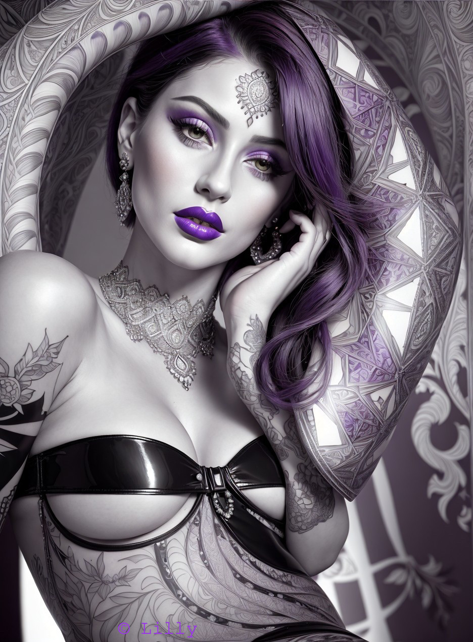 Stylized portrait of woman with purple makeup, ornate jewelry, and tattoo against patterned background