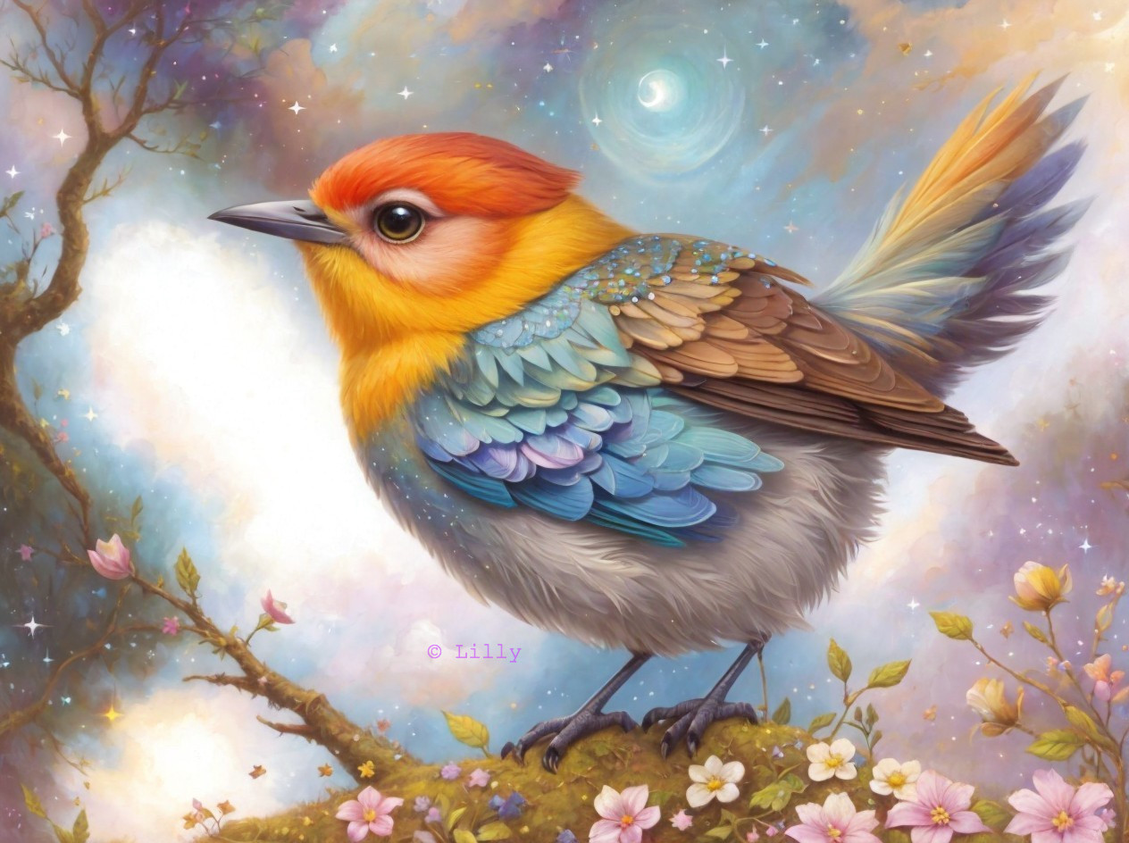 Fantastical bird illustration with orange and blue feathers on blooming branches against starry sky.