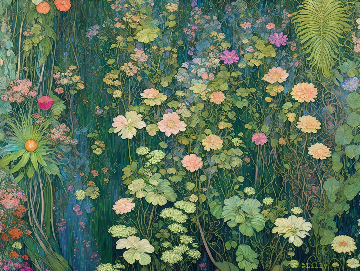 Lush Floral and Foliage Tapestry in Soft Colors