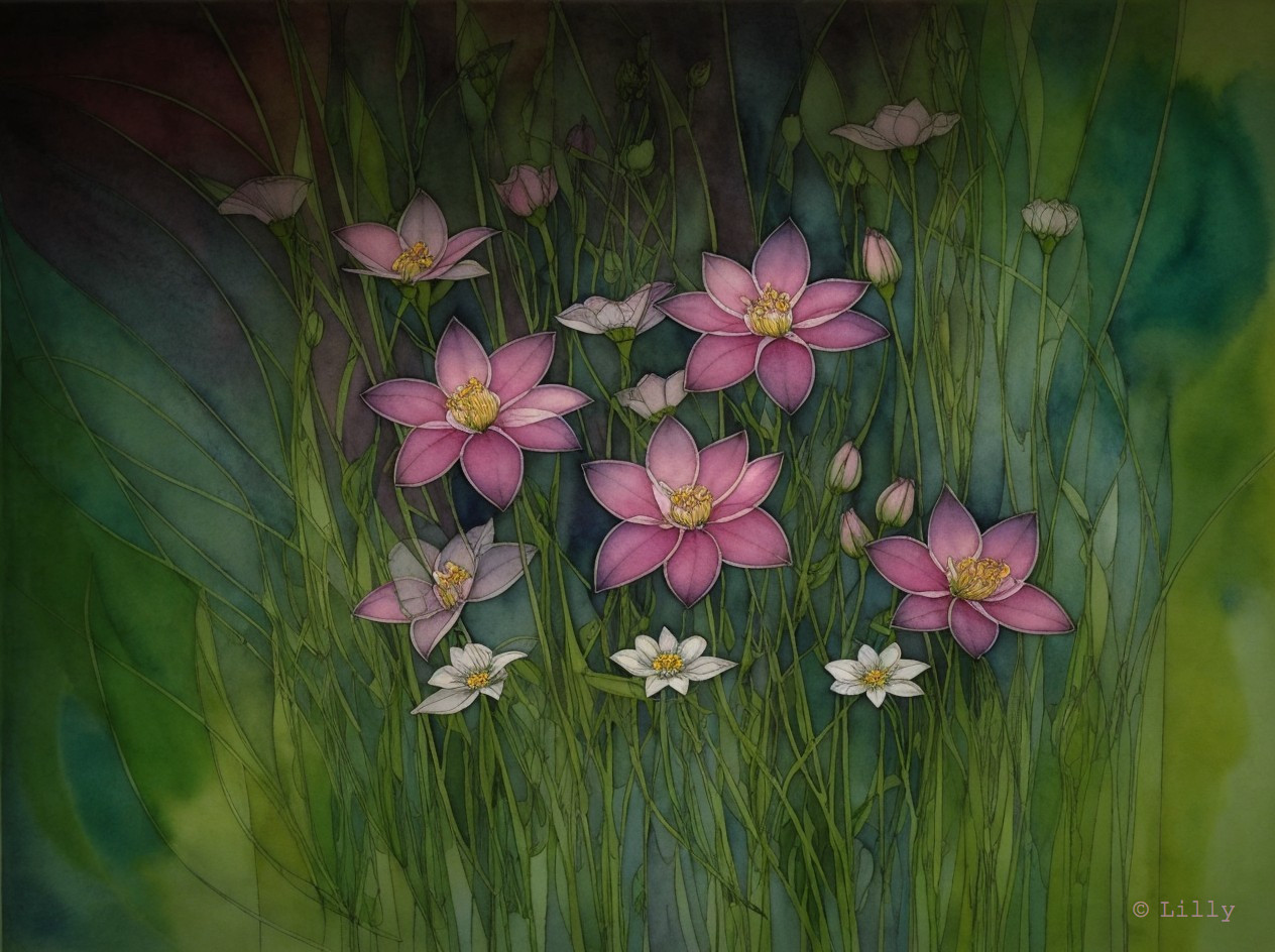Vibrant Watercolor of Pink and White Flowers in Greenery