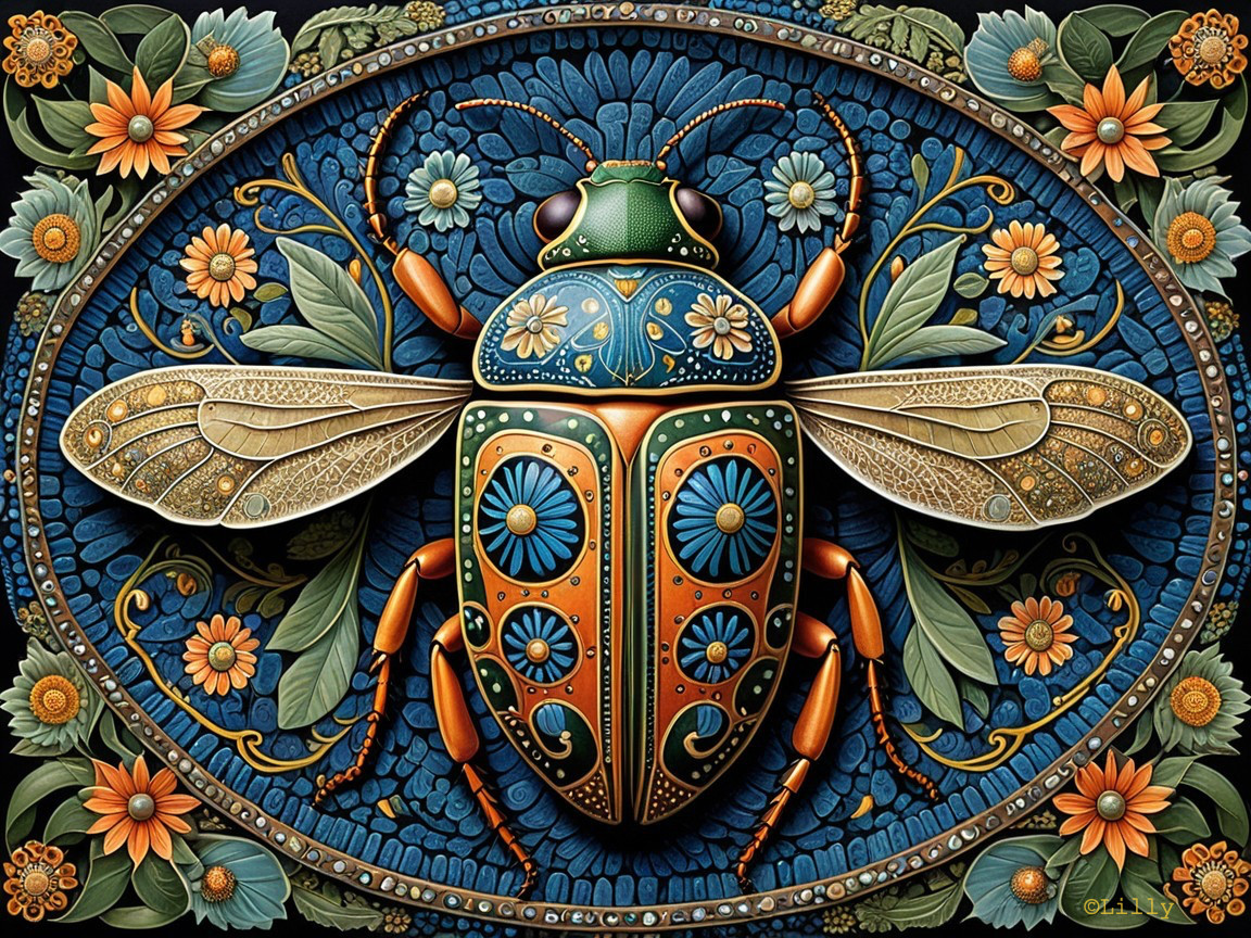Intricate Decorative Beetle Illustration with Floral Patterns