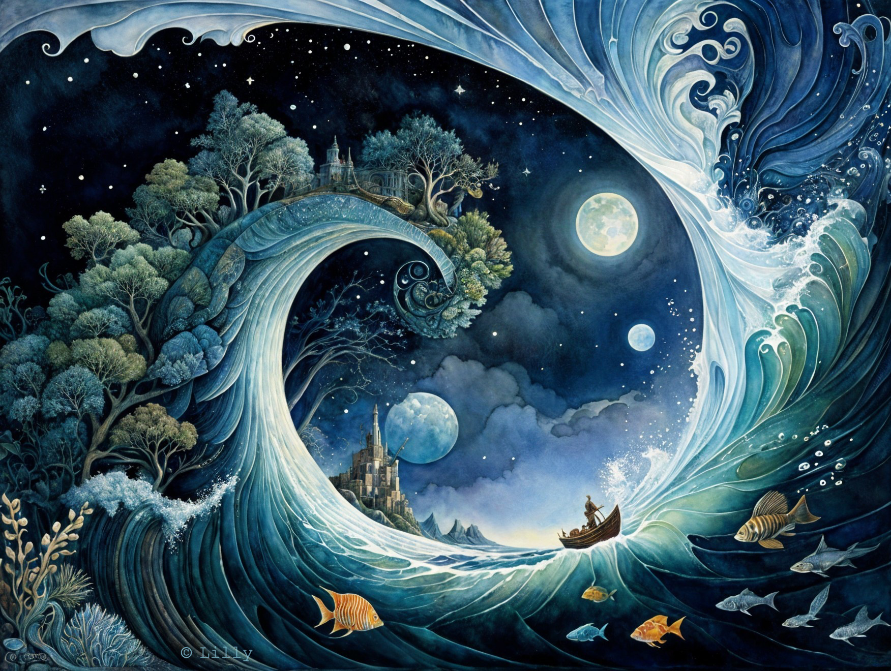Mystical Sea Scene with Waves, Moons, and Castle