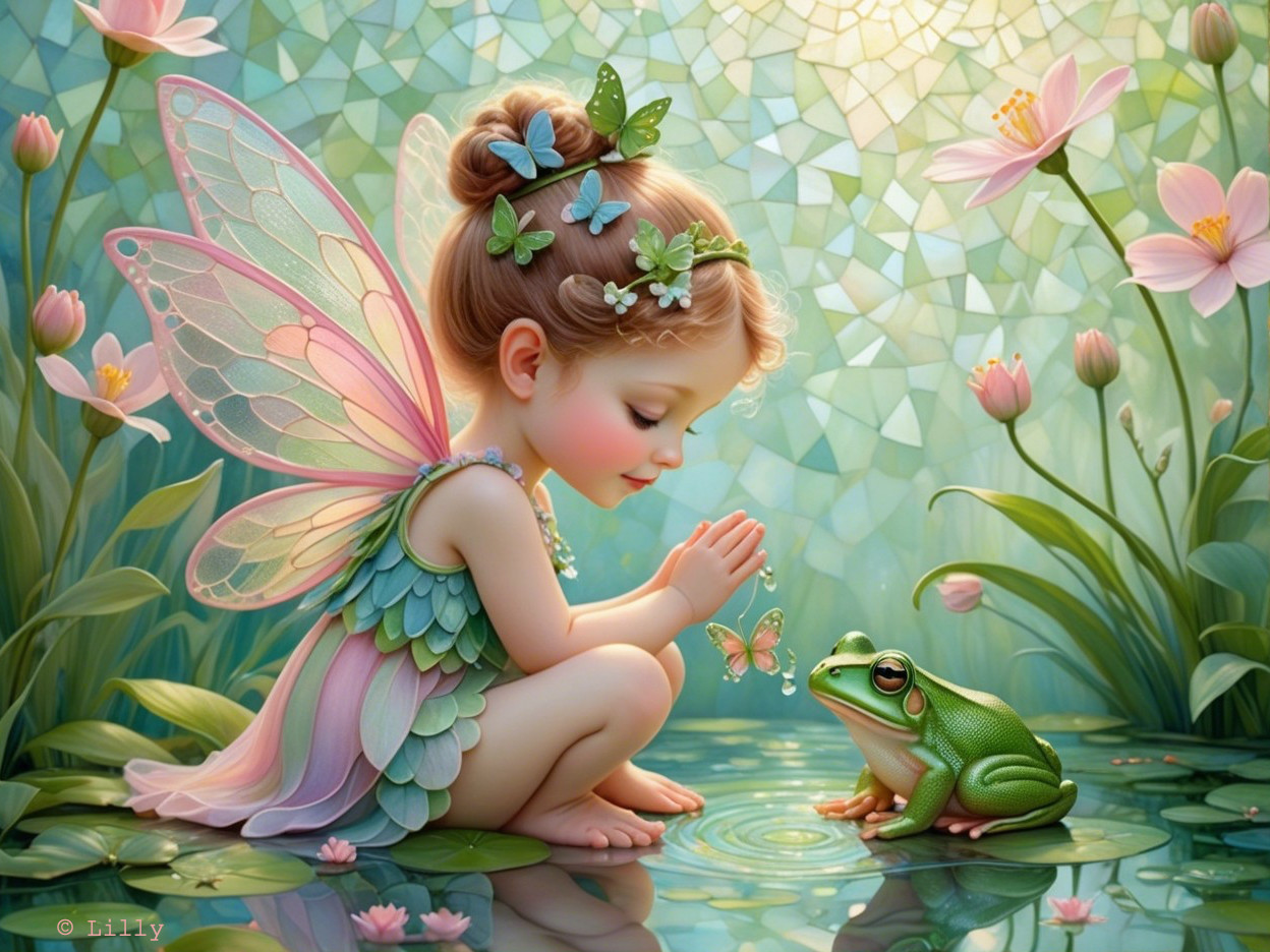 Whimsical Scene of a Girl with Wings by a Pond