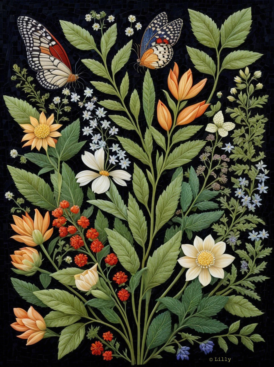 Vibrant Floral Arrangement with Butterflies on Black Background