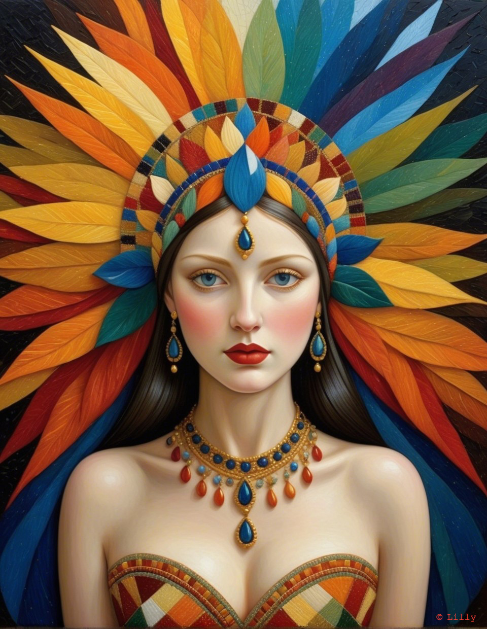 Woman with Vibrant Feather Headdress and Jewelry