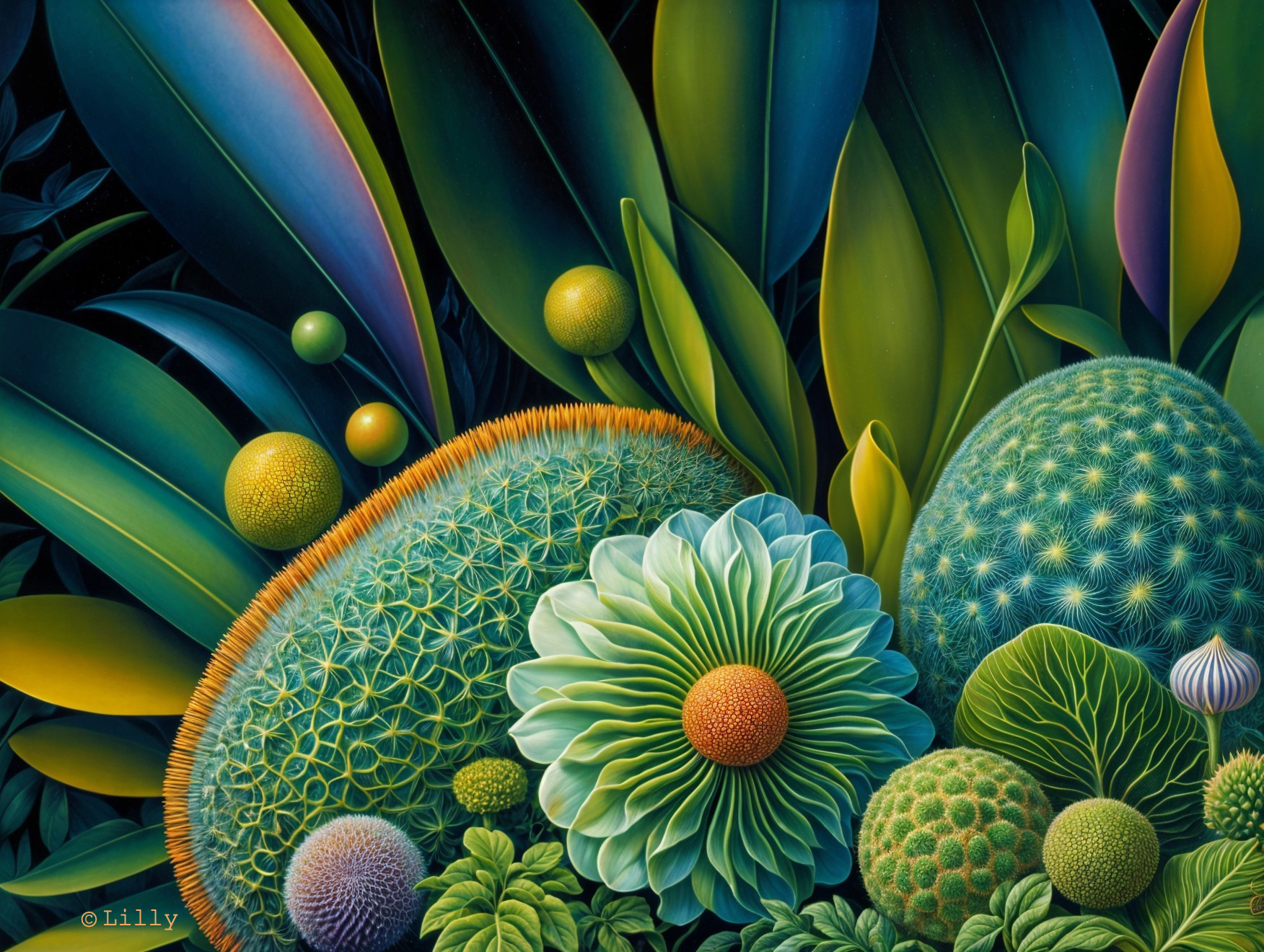 Vibrant Surreal Composition of Organic Forms and Foliage