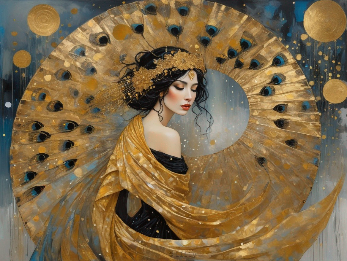 Woman with Golden Headpiece and Intricate Fan