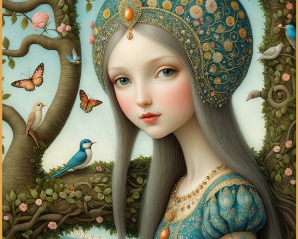 Young girl in ornate blue dress in enchanted forest