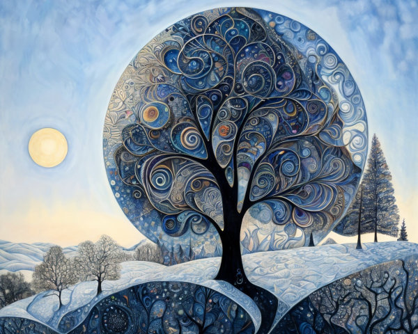 Surreal Landscape with Abstract Tree and Snowy Hills