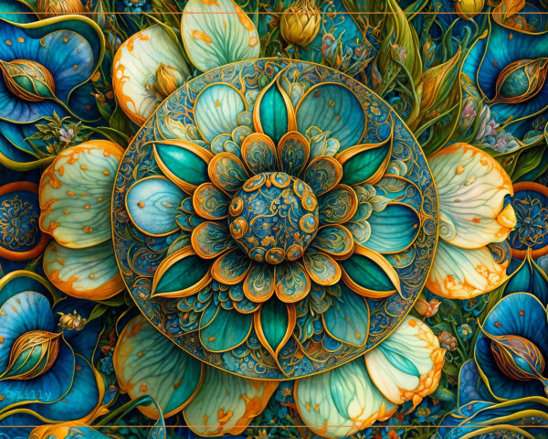 Intricate Mandala Design in Blues and Greens