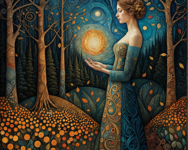 Serene Woman in Whimsical Forest with Glowing Sun