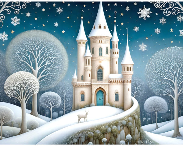 Fantastical Snowy Landscape with Castle and Deer