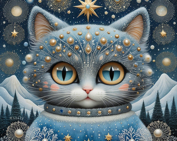 Ornate Blue Cat Surrounded by Frosty Night Landscape