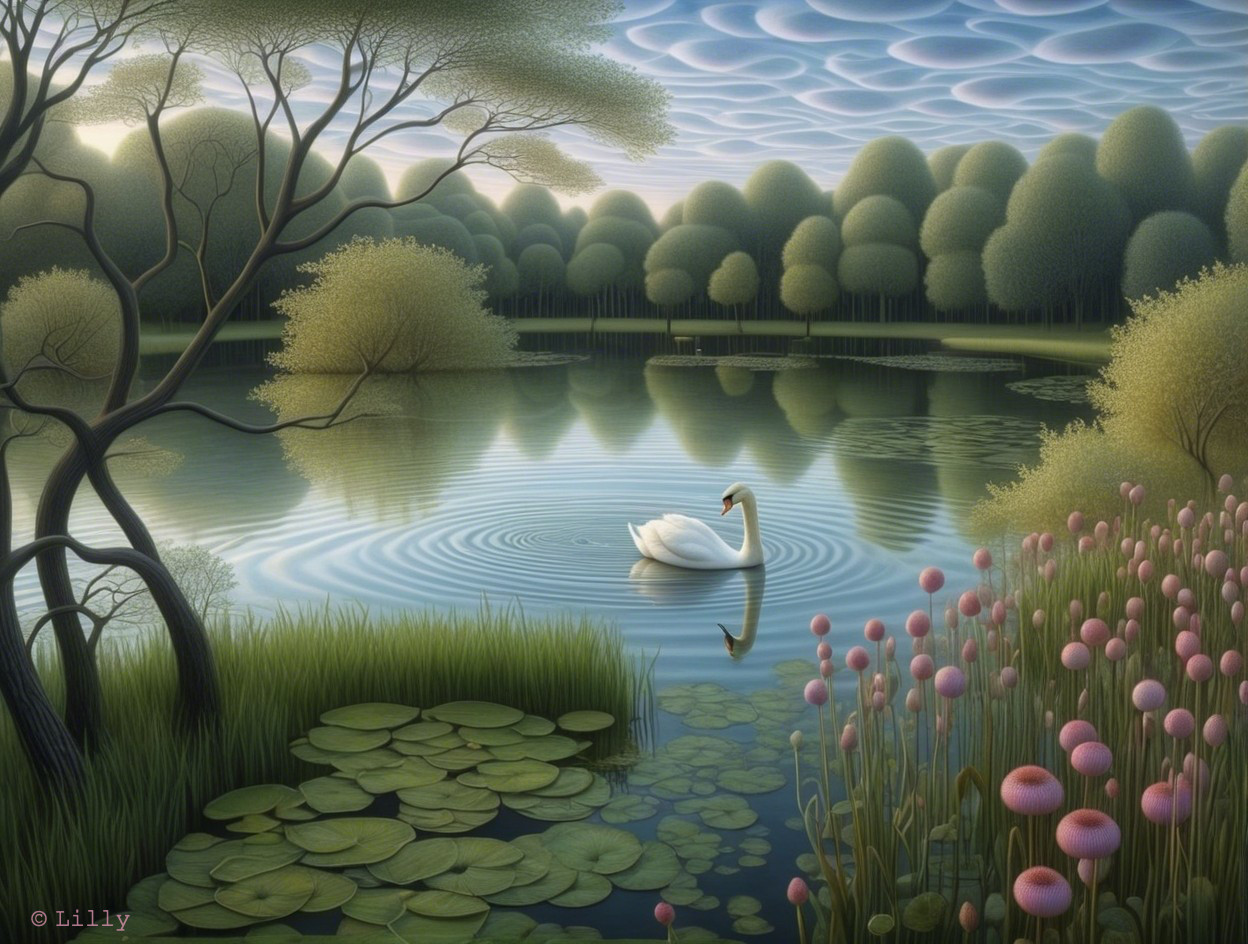 Serene Lake Landscape with Flowers and a Swan