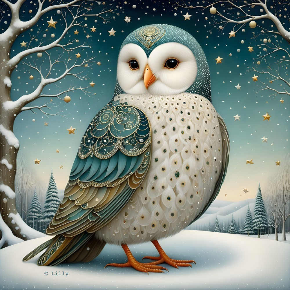 Illustrated Owl in Serene Winter Landscape Scene