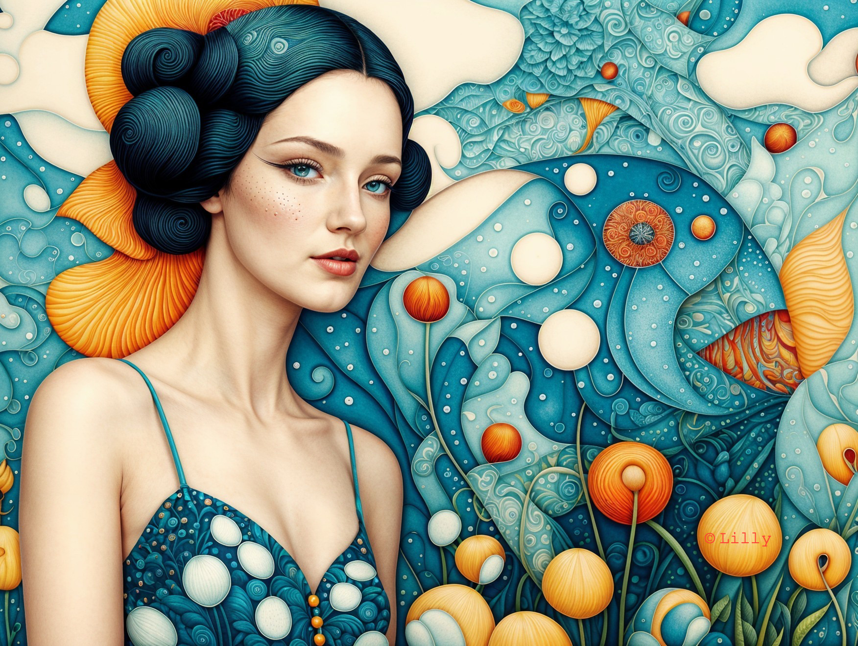 Serene Woman with Intricate Hairstyle and Vibrant Dress