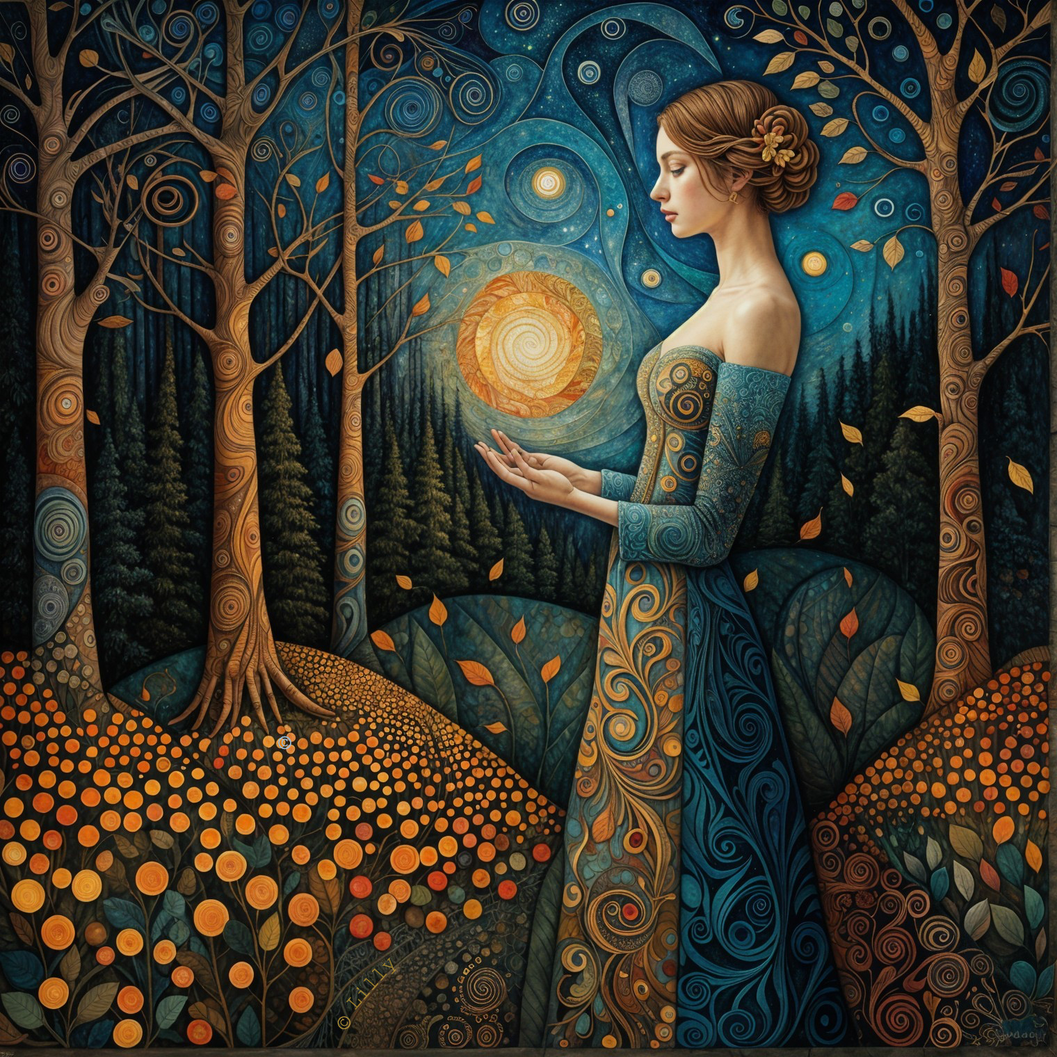 Serene Woman in Whimsical Forest with Glowing Sun