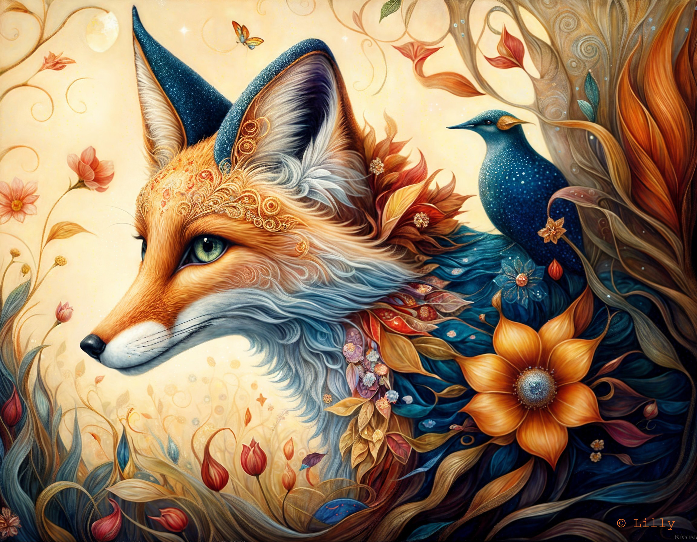 Stylized fox with floral patterns and vibrant eyes