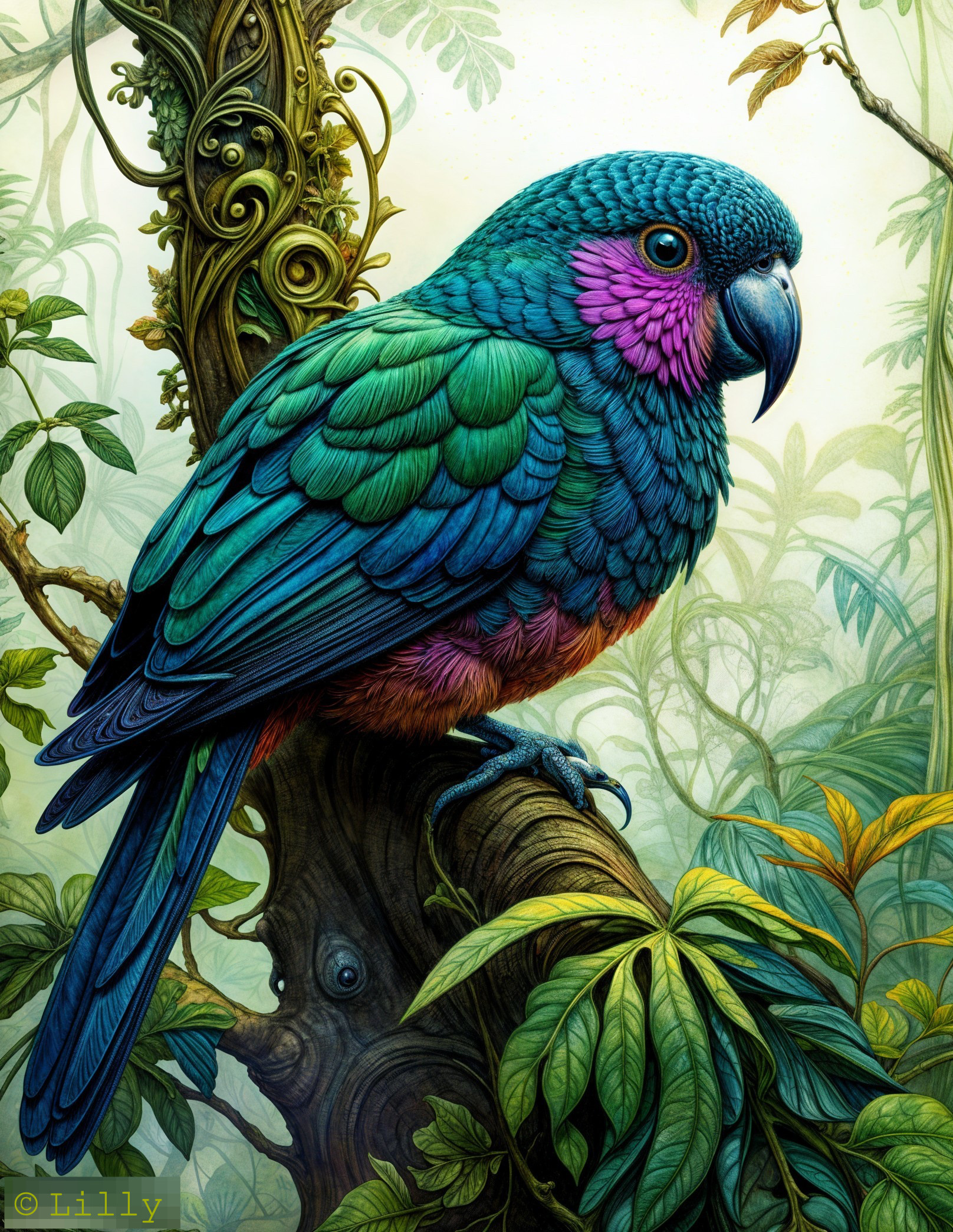 Vivid Parrot on Moss-Covered Branch in Tropical Setting