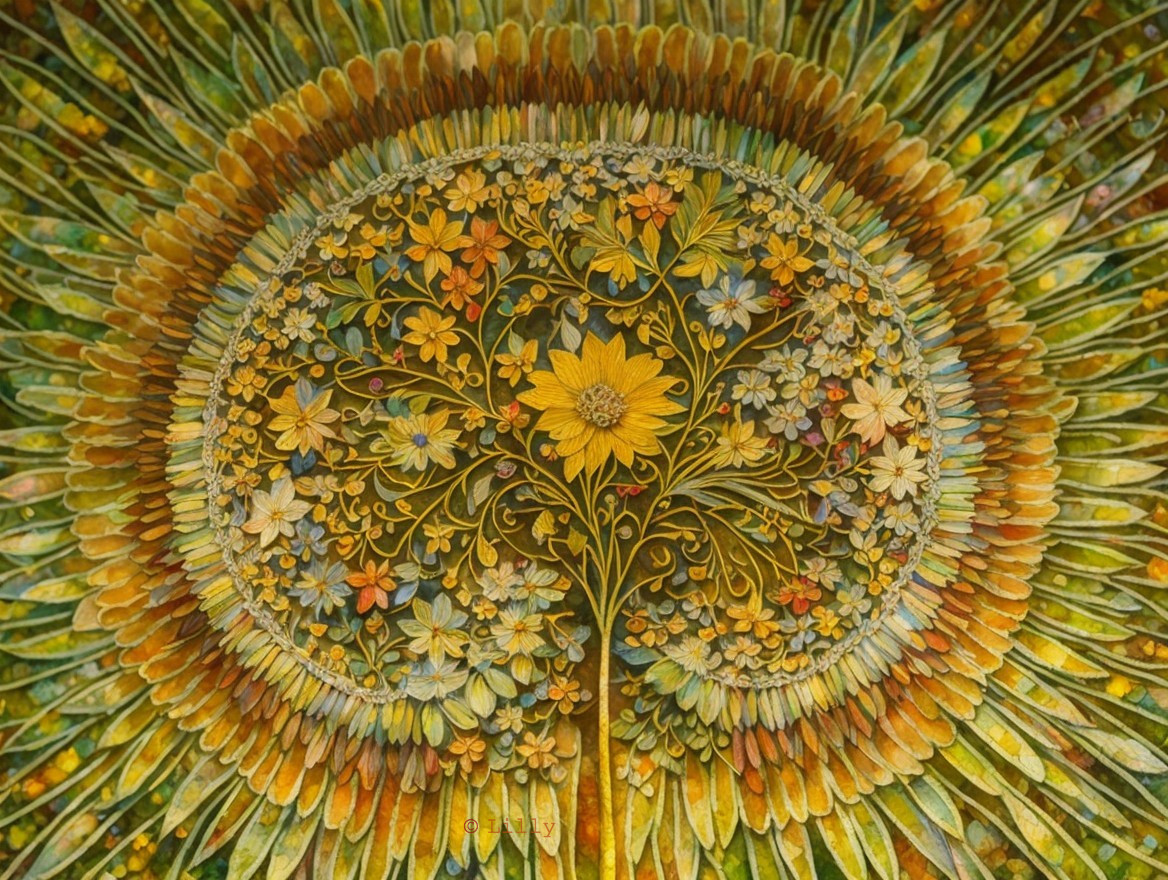 Vibrant Design of a Blooming Tree with Flowers and Leaves