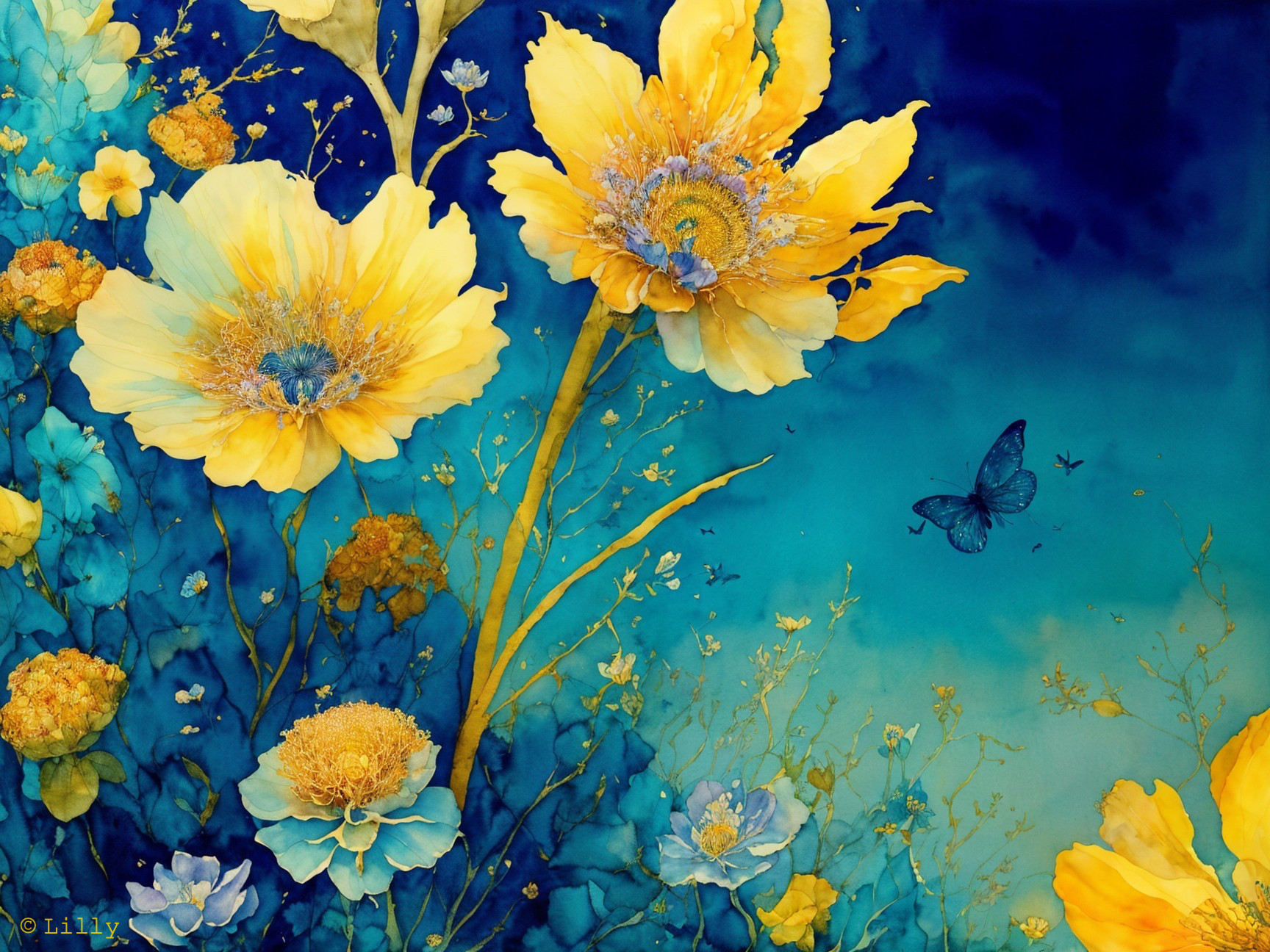 Vibrant Yellow Flowers with Blue and Teal Background