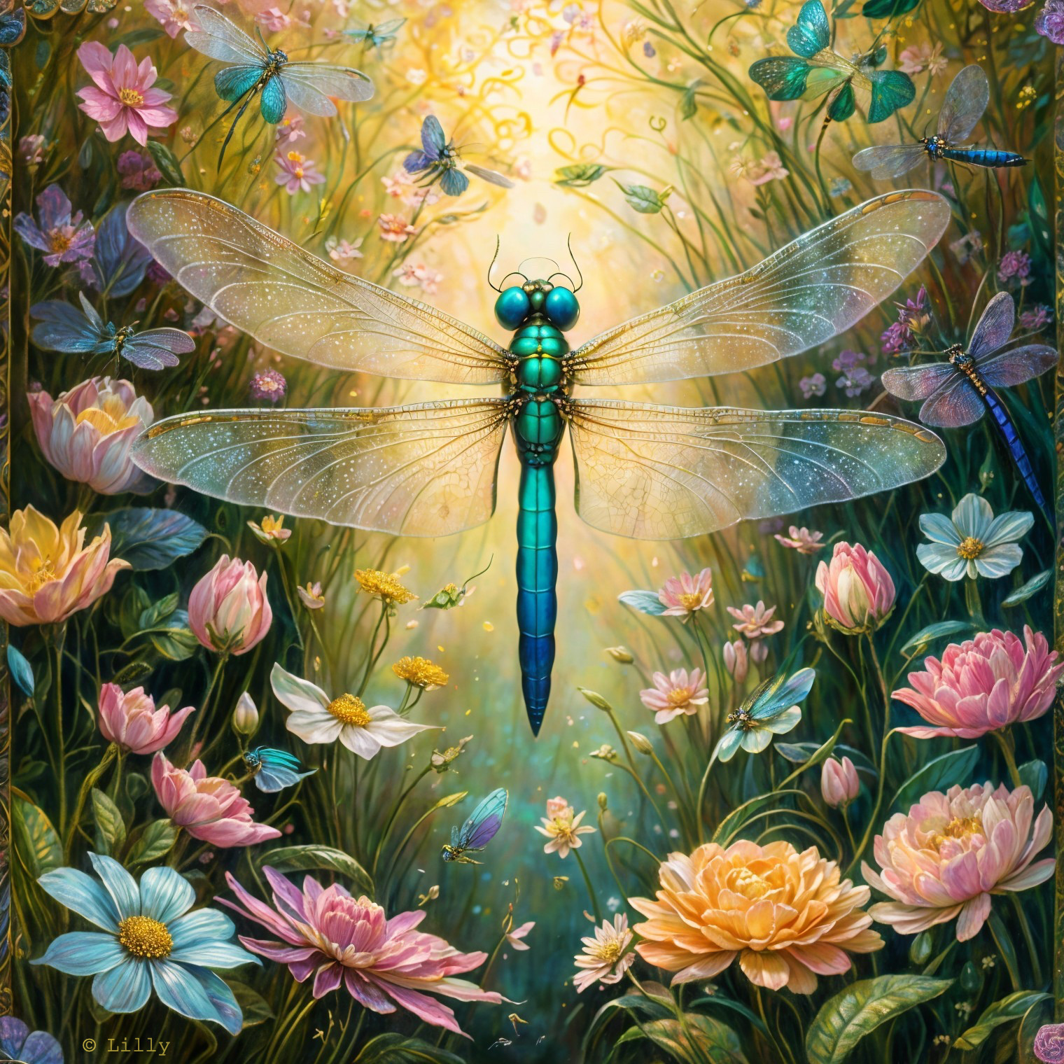 Vibrant Scene of Pastel Flowers and Dragonfly